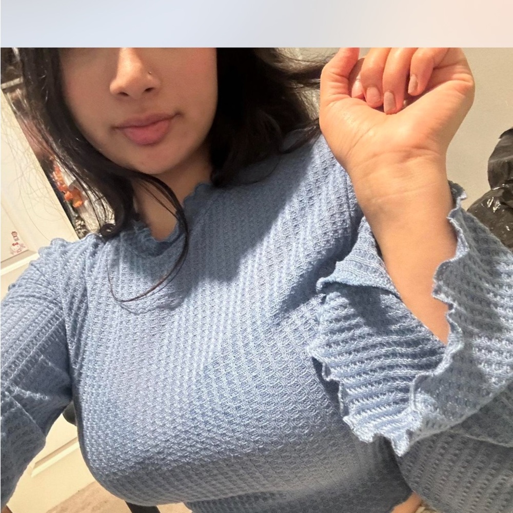Light Blue Waffle Knit Ruffle Cuff Top
